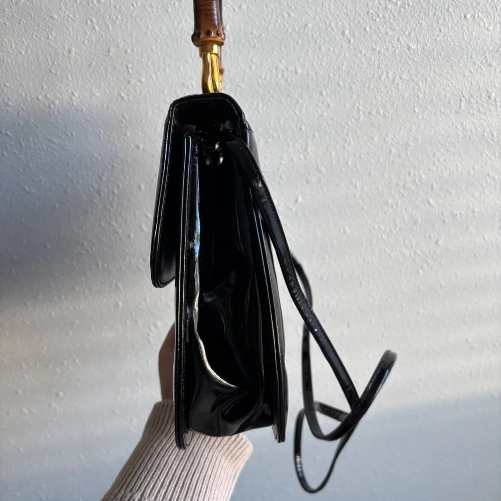 Susan Gail Vintage 1960s Black Patent Leather Bamboo Handle Purse - Picture 11 of 12
